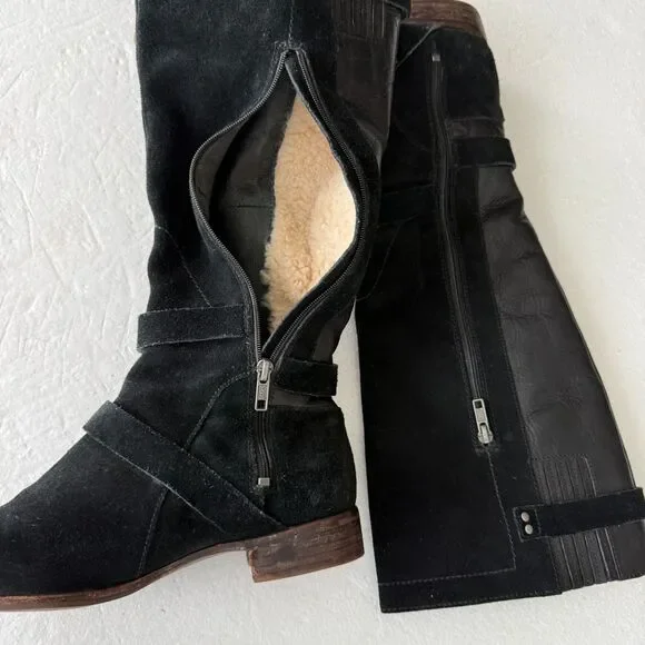 Size 9.5 - Ugg Cydnee Boots Black Leather Knee High Buckle Sheepskin Shearling - Picture 5 of 9